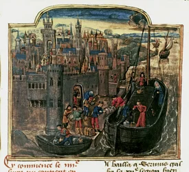 NAVEGACIÓN: Carga de un barco mercante, finales del siglo XV (miniatura)