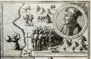 NUNEZ DE BALBOA, Vasco (1475-1517). Descubridor y conquistador inglés. España. Colonización española (1513). Vasco Núñez tomando posesión del Mar del Sur. Imagen de 1728. Grabado.