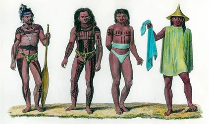 Islas naturales de Iros Penelap y Aouara, población del continente oceánico. Grabado del siglo XVIII