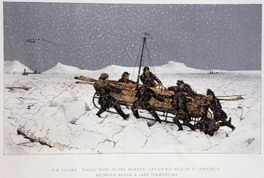 Cerca del río, Golfo de San Lorenzo: bote en un trineo, cerca de Brule y Cabo Tormentin - en "Sketches of Canadian Sports and Pastimes" de Lieut. Henry Buckton Laurence