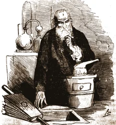 Nicolas Flamel (1330 - 1418) en su laboratorio.