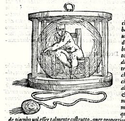 Segundo traje de Nicoli Fontana llamado Tartaglia (1499 - 1557). Proporciona una esfera de cristal en la que se cierra el buzo. Grabado del siglo XVI