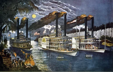 Carrera nocturna de los 2 barcos al amanecer en el Mississippi