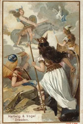 Mitología nórdica: las Valquirias (vírgenes guerreras) en Valholl (o Walhalla, Valhalla, Valhalle: lugar al que son llevados los guerreros valientes) y la caída de los guerreros en batalla. Cromolitografía del siglo XIX