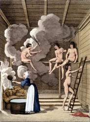 Personajes desnudos en una sauna finlandesa. Grabado de 1811 incluye un libro sobre el viaje