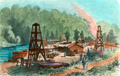 Pozos de petróleo en Tarr Farm en Pensilvania, EE.UU. Grabado del siglo XIX. Colección privada