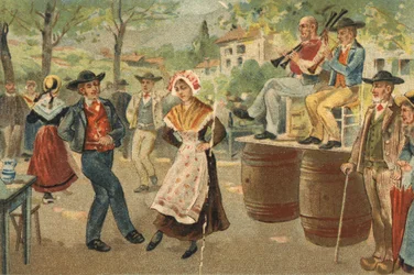 Antigua costumbre celebrada en la región de Auvernia: la boya durante la fiesta de San Juan. Cromolitografía de finales del siglo XIX