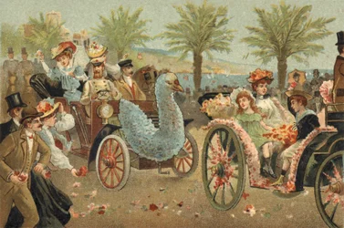 Antigua costumbre celebrada en el condado de Niza: el corso floral en Niza. Cromolitografía de finales del siglo XIX