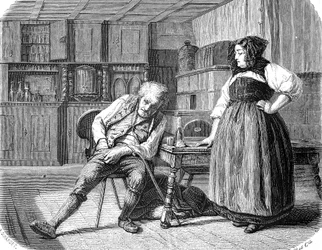 Anciano en una posada en Francia, buscando en su bolsillo el dinero para pagar su cuenta