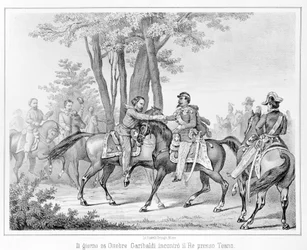 El 26 de octubre de 1860, Giuseppe Garibaldi se reunió con el rey Víctor Manuel II cerca de Teano. Grabado del siglo XIX