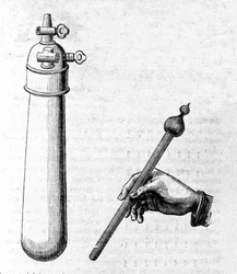 A la izquierda un contenedor utilizado para la primera experiencia del martillo de agua (representado a la derecha) para demostrar que en el vacío, los líquidos caen como una masa sólida. Grabado