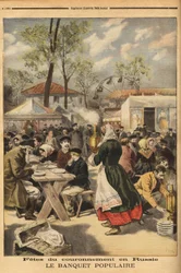 Con motivo de la coronación del zar Nicolás II, se ofrece un banquete popular a 500.000 rusos en el campo de maniobras de Jodynka, en Moscú, precedido de representaciones teatrales. Grabado en «Le Petit Journal», 17/05/1896. Colección Selva.