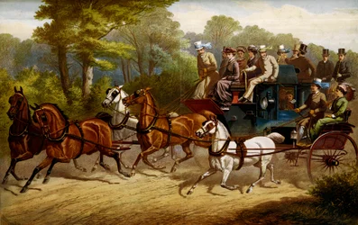 Camino al derby. Fiacre y ómnibus tirados por caballos yendo a un derby