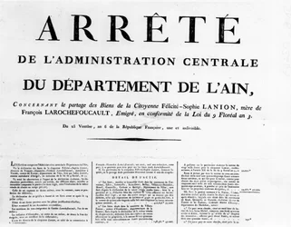 Orden de la administración central del departamento de Ain - Archivos Familiares Rochefoucauld.