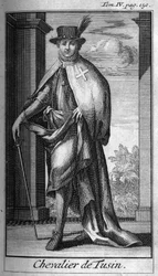 Órdenes de Caballería. Caballero de Tusin en Austria en el siglo XVI. En "Historia de órdenes militares o caballeros, de las milicias seguras y rutinarias de ambos sexos, que se han establecido hasta ahora. Edición tomada de Abbe Giustiniani, R.P.Bonani, M