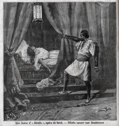 Otelo acaba de matar a Desdémona en su cama. Escena de la ópera « Otello » de Giuseppe Verdi (1813-1901). Grabado en « Le Parisien ».