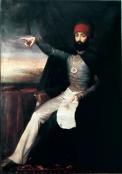 Imperio otomano: Retrato del sultán Mahmud II (1784-1839). Está representado señalando con el dedo, quizá para indicar la orden de masacrar a los jenízaros. Pintura al óleo anónima. 1808-1839, Estambul, Museo del Palacio de Topkapi, Turquía