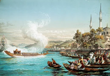 Imperio Otomano: fiesta marítima en Constantinopla. Litografía del siglo XIX. Biblioteca de Artes Decorativas, París
