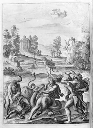 Ovidio - ilustración para el libro 15 - (P. Ovidii Nasonis Metamorphose libri XV um notis TH. Farnabii.) nota de Thomas Farnaby (Farnabia) (1575-1647)
