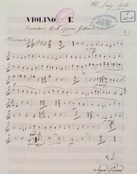 Página de partitura para el primer violín en la obertura de la ópera Jessonda de Louis Spohr