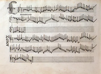 Página de la partitura de Harmonice Musices Odhecaton de Ottaviano Petrucci (1501)