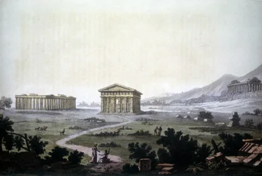Pintura que representa los templos de Paestum, actual Capaccio