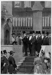 París 1890: Instalación de Zadoc Kahn, gran rabino de Francia. Monsieur Alphonse de Rothschild leyendo la orden de nombramiento