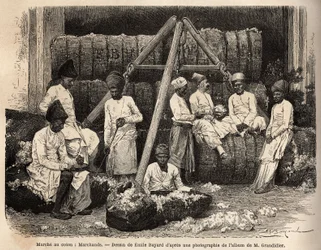 Comerciantes parsis en el mercado de algodón de Bombay. Grabado para ilustrar el viaje en las provincias meridionales de la India, por Alfred Grandidier, en 1862-1864, publicado en Le tour du monde, 1869, editado por Edouard Charton, edición Hachette, Parí