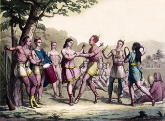 Escena de fiesta entre los indios iroqueses. Grabado del siglo XVII