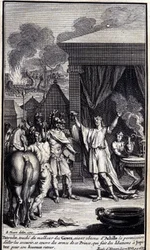 Patroclo, tocado por la desgracia de los griegos, habiendo obtenido permiso de Aquiles para ir a rescatarlos, se cubre con las armas de este príncipe, quien hace libaciones a Júpiter por su feliz regreso. Ilustración del libro XVI de la Ilíada de Homero.