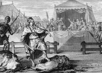 Pipino el Breve (714-768), el nuevo rey de los Francos, demuestra su valentía luchando contra un león y un toro en una arena, 751. Grabado del siglo XVIII