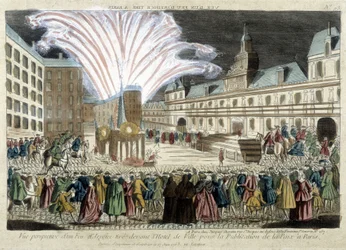 Vista en perspectiva de un espectáculo de fuegos artificiales frente al Hôtel de Ville por la publicación de la Paz en París