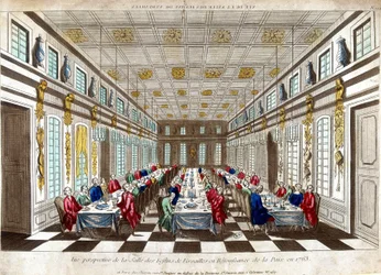 Vista en perspectiva de la Salle des Festins de Versalles en celebración de la paz en 1763 entre Gran Bretaña, Francia y España