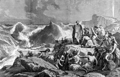 El faraón sumergido en el Mar Rojo. Grabado del siglo XIX.