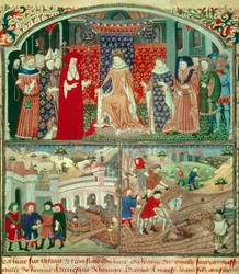 Felipe el Hermoso con escena de arado y escena de mercader. Miniatura en Libro del régimen de los príncipes de Gilles de Roma