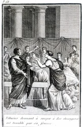 Pillacus dando cena a los extraños es molestado por su esposa