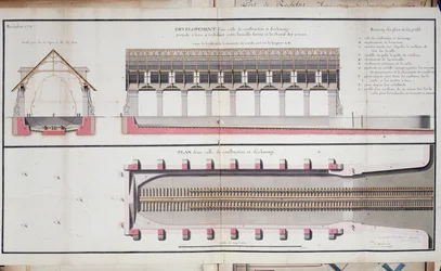 Plano de un edificio y cimentación del puerto de Rochefort