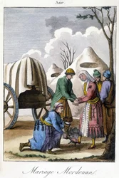 Placa de 1811 que ilustra un matrimonio en Mordovia