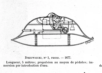 Placa que representa el submarino Drzewiecki 1, un submarino a pedales diseñado por el inventor e ingeniero Stefan K. Drzewiecki (1844-1938). Aproximadamente 1877