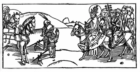 El Papa León I se encuentra con Atila y lo detiene - Grabado de “Leben der Heiligen - sommerteil” (El libro de los santos) por Jacobus (James) de Voragine (1228-1298). Lübeck 1488.