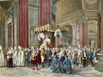 El Papa Pío IX (1792-1846) asistió a la ceremonia de apertura el 08/12/1869 del primer Concilio Vaticano en la Basílica de San Pedro. Está en la Sedia Gestatoria. Ilustración de la época.