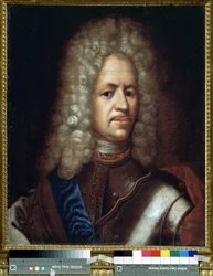 Retrato de Alexander Danilovich Menshikov, Generalísimo, Príncipe del Sacro Imperio Romano Germánico y Duque de Hungría (1673-1729). Pintura anónima. Óleo sobre lienzo, 61 x 50 cm, hacia 1720. Arte rococó. Museo Estatal de Historia, Moscú.