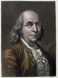 Retrato de Benjamin Franklin, político y físico estadounidense (1706-1790) - en “El traje antiguo y moderno” por Jules Ferrario 1819-1820