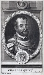 Retrato de Carlos V (1500-1558), Rey de España y América Española, Rey de Sicilia y Emperador del Sacro Imperio Romano Germánico (1519-1556). Grabado para ilustrar 