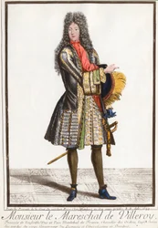 Retrato de François de Neufville, Duque de Villeroy (1644 - 1730), mariscal de Francia. Grabado del siglo XVIII