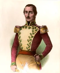 Retrato del General Santander (Francisco de Paula) (1782-1840), militar y estadista colombiano, héroe de la independencia de 1819. Grabado de 1836