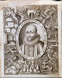Retrato de Giambattista (Juan el Bautista, Juan el Bautista) della Porta (1535 - 1615) en el frontispicio de “Magiae Naturalis”. Siglo XVII.