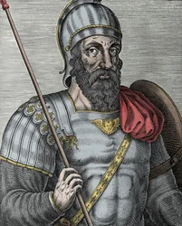 Retrato de Godofredo de Bouillón (Godefroy de Bouillon) (1040/61-1100), caballero franco y uno de los líderes de la Primera Cruzada - Grabado del siglo XVI