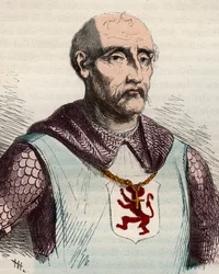 Retrato de Gui o Guy de Dampierre (1226-1305) Conde de Flandes y Conde de Namur - Grabado de 1868 en “Historia de Bélgica desde tiempos primitivos hasta el final del reinado de Leopoldo I” por Theodore Juste (1818-1888). Colección privada.
