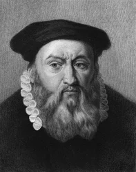 Retrato de Juan Calvino (1509 - 1564), reformador religioso y escritor francés - en “Histoire des Français” por Lavallée, grabado, n.d.